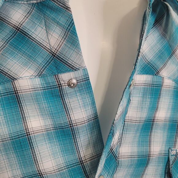 Wrangler size 4XL snap button front shirt top plaid blue pockets collar - Picture 6 of 12